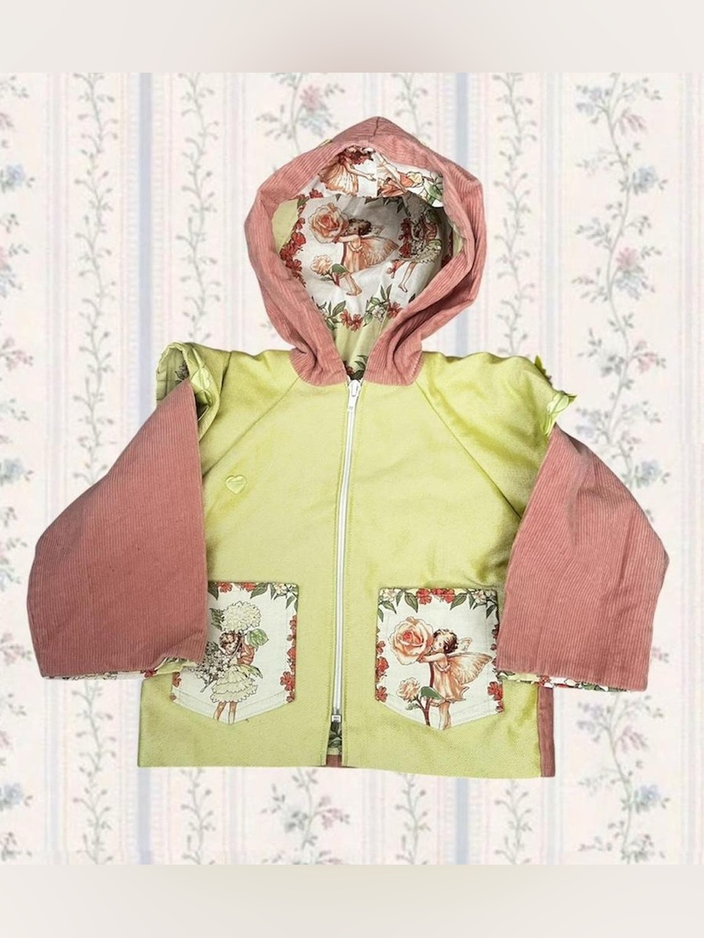 Girls' Pink and Light Green Hooded Jacket with Floral Fairy Pockets
